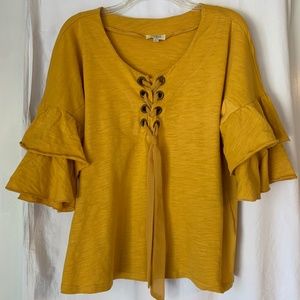 Umgee Yellow Gold Blouse with Ruffled Bell Sleeves and Tie Front